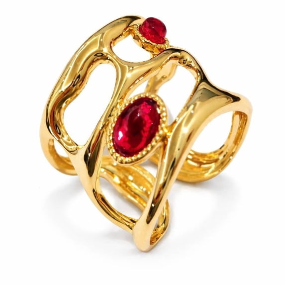 Gold Plated Openwork Statement Ring with Red Oval Stones for Women
