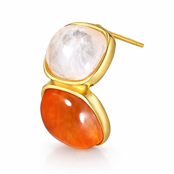 Gold Tone Double Cabochon Stud Earrings for Women, White and Orange Stone Look Design