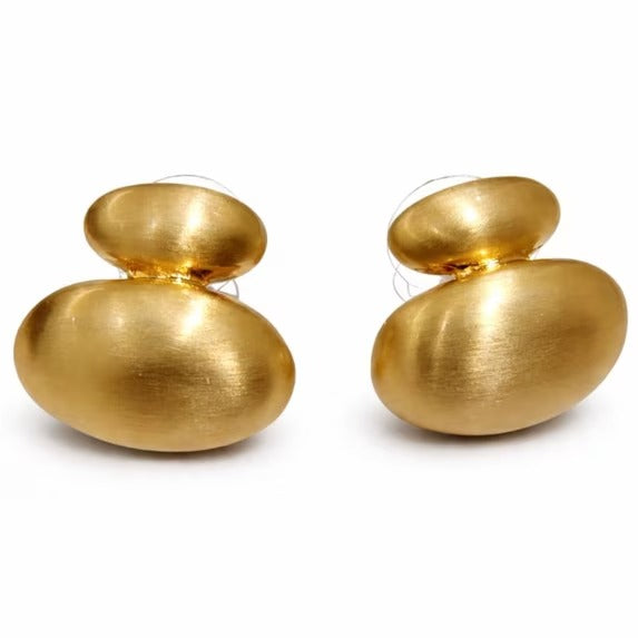 Gold Tone Double Oval Stud Earrings for Women, Brushed Finish Statement Earrings