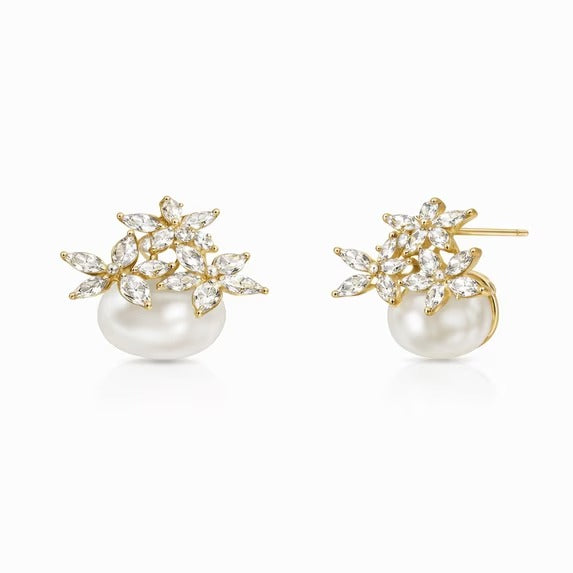 Gold Tone Floral Pearl Stud Earrings with Clear Marquise Crystal Accents for Women