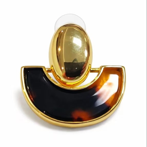 Gold Tone Geometric Stud Earrings with Tortoiseshell Half Moon Accent for Women