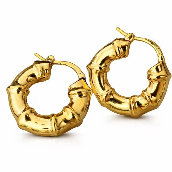 Gold Tone Textured Bamboo Style Hoop Earrings for Women, Round Statement Fashion Jewelry