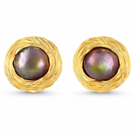 Gold Tone Textured Round Stud Earrings with Dark Pearl Center for Women
