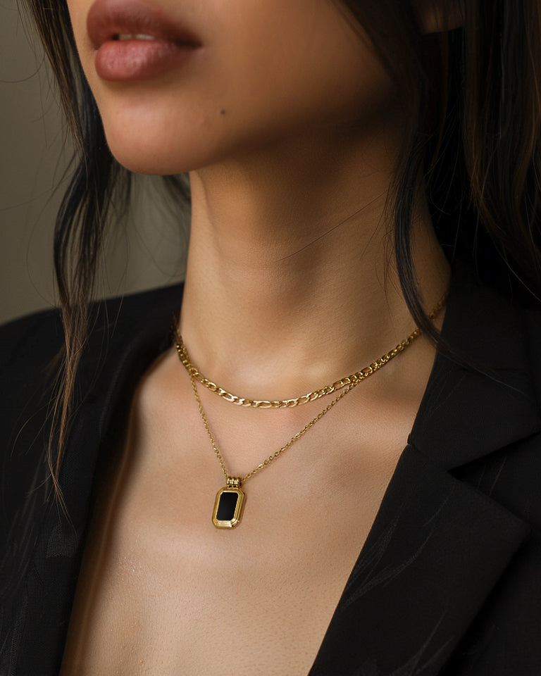 Square Rectangular Gold Black Onyx Pendant Layered Necklace