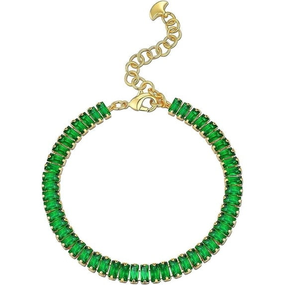 18K Gold Plated Adjustable Tennis Bracelet for Women, Baguette CZ - Emerald