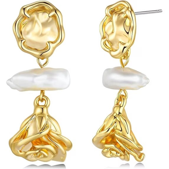 SNGIA 18K Gold Plated Floral Pearl Dangle Earrings for Women, Rose Petal Statement Drop Earrings