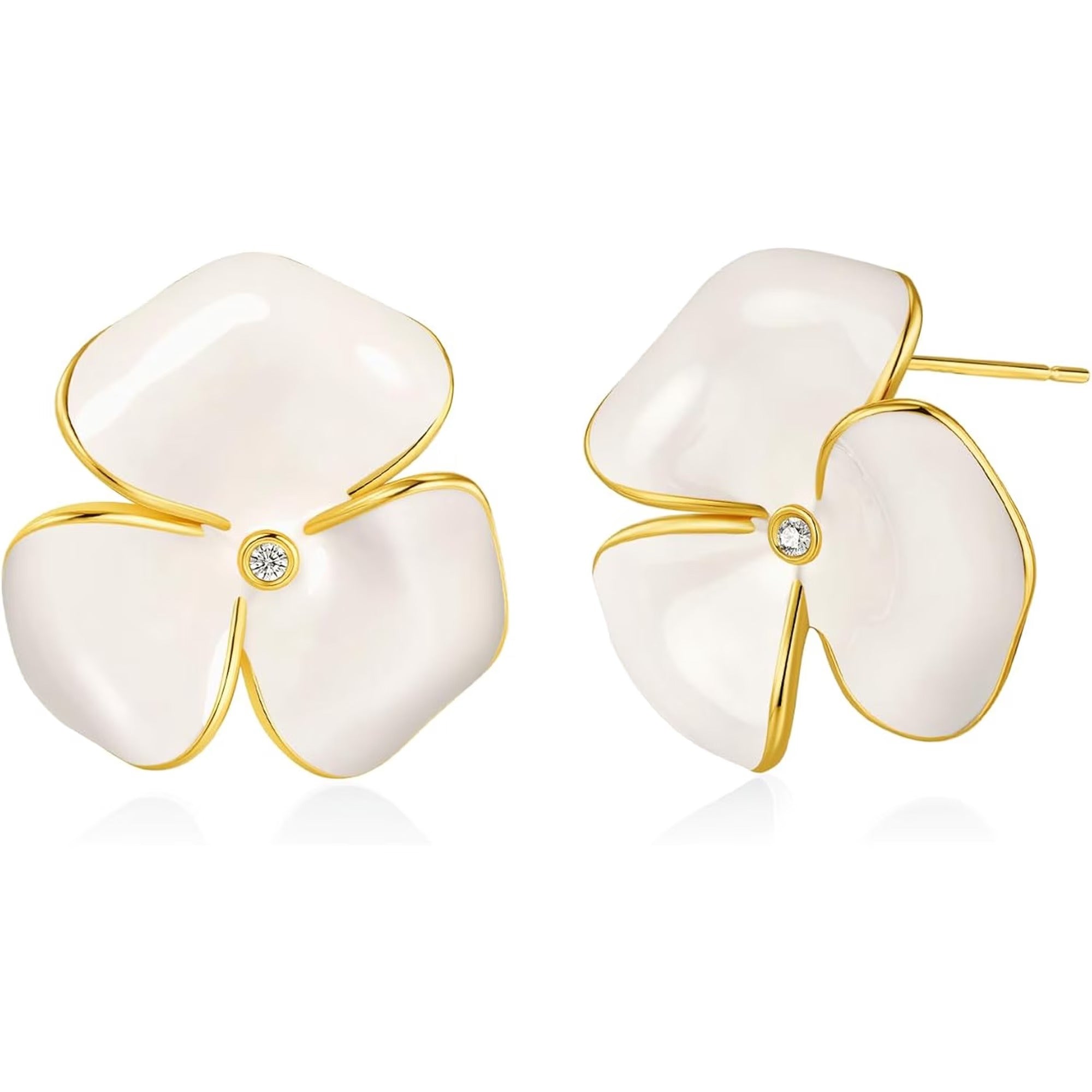 SNGIA 18K Gold Plated Floral Stud Earrings, Enamel Petal Design with CZ Accent for Women