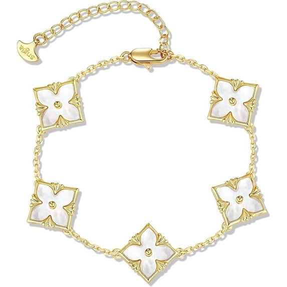 18K Gold Plated Mother of Pearl Clover Bracelet, Adjustable Floral Link Bracelet for Women
