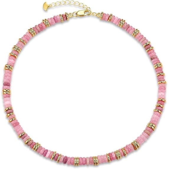 SNGIA 18K Gold Plated Natural Stone Beaded Choker Necklace for Women, Adjustable Rose