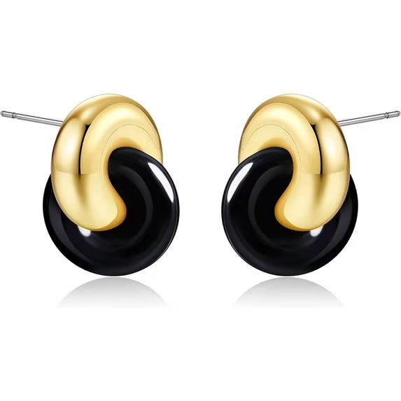 SNGIA 18K Gold Plated Noir Interlock Stud Earrings for Women, Round Statement Design