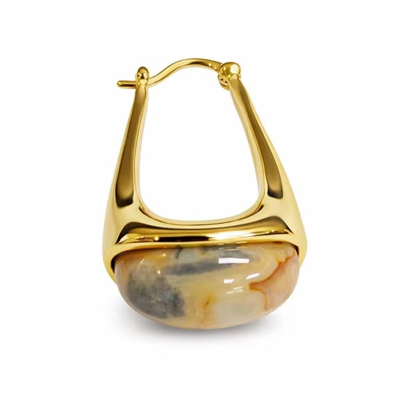 SNGIA 18K Gold Plated Oval Dangle Hoop Earrings with Dendritic Agate Resin Accent for Women