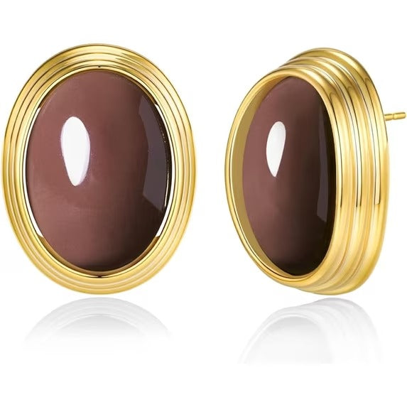SNGIA 18K Gold Plated Oval Stud Earrings for Women, Multicolor Cabochon Statement Button Earrings