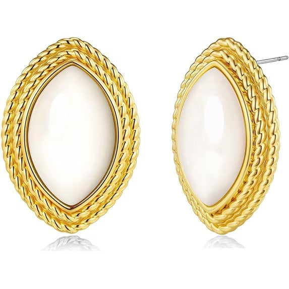 SNGIA 18K Gold Plated Oval Stud Earrings for Women with Resin Center and Braided Frame