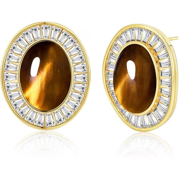SNGIA 18K Gold Plated Oval Stud Earrings with CZ Halo, Statement Button Earrings for Women