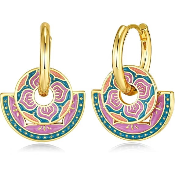 SNGIA 18K Gold Plated Pink Teal Enamel Geometric Disc Hoop Drop Earrings for Women