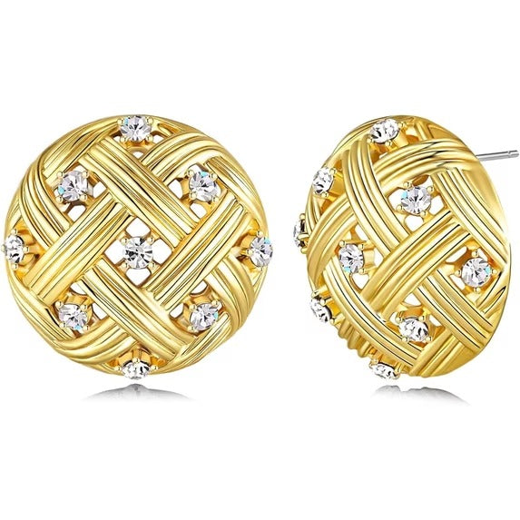 SNGIA 18K Gold Plated Round Stud Earrings with Clear CZ, Woven Lattice Design for Women