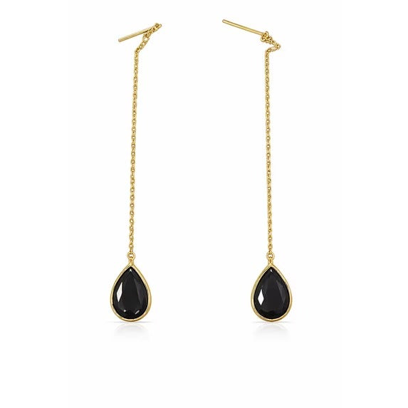 SNGIA 18K Gold Plated Threader Dangle Earrings for Women with Jet Black Teardrop Stone