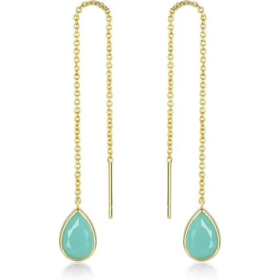 SNGIA 18K Gold Plated Threader Dangle Earrings for Women with Lagoon Teardrop Stone