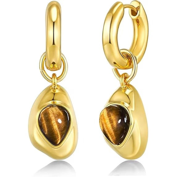 SNGIA 18K Gold Plated Tiger Eye Drop Earrings for Women, Irregular Geometric Dangle Hoops