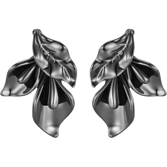 SNGIA 18K Gold Plated Two Tone Floral Dangle Earrings for Women, Grey Obsidian Petal Design