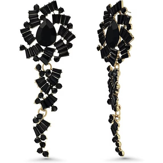 SNGIA Black Crystal Chandelier Dangle Earrings for Women, 18K Gold Plated Gothic Statement Jewelry