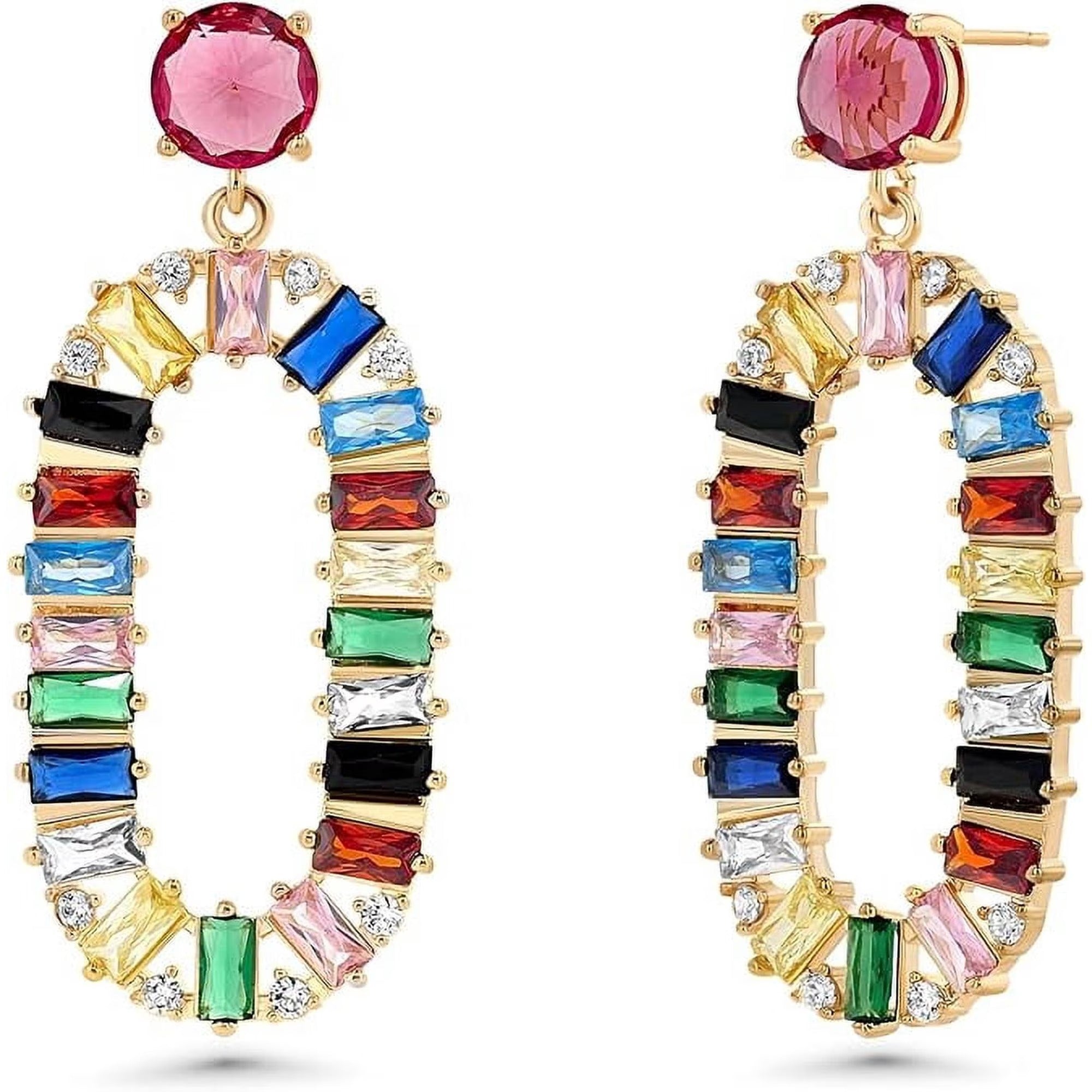 SNGIA Gold Plated Multicolor Geometric Dangle Earrings with Pink Red Rhinestone Stud Top