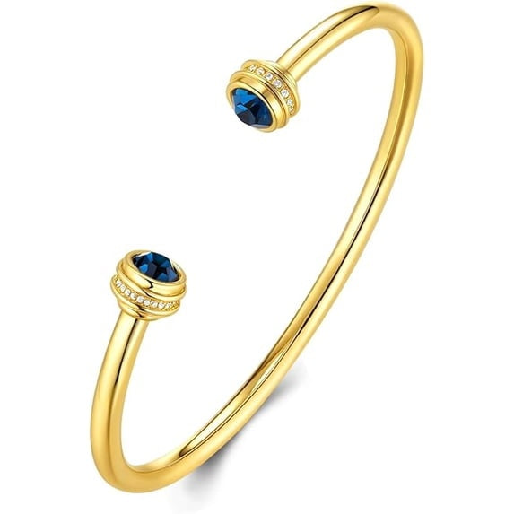 Gold Plated Open Cuff Bangle Bracelet with Blue CZ Accents for Women