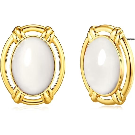 SNGIA Gold Plated Oval Butter Gemstone Stud Earrings Large Statement Button Design