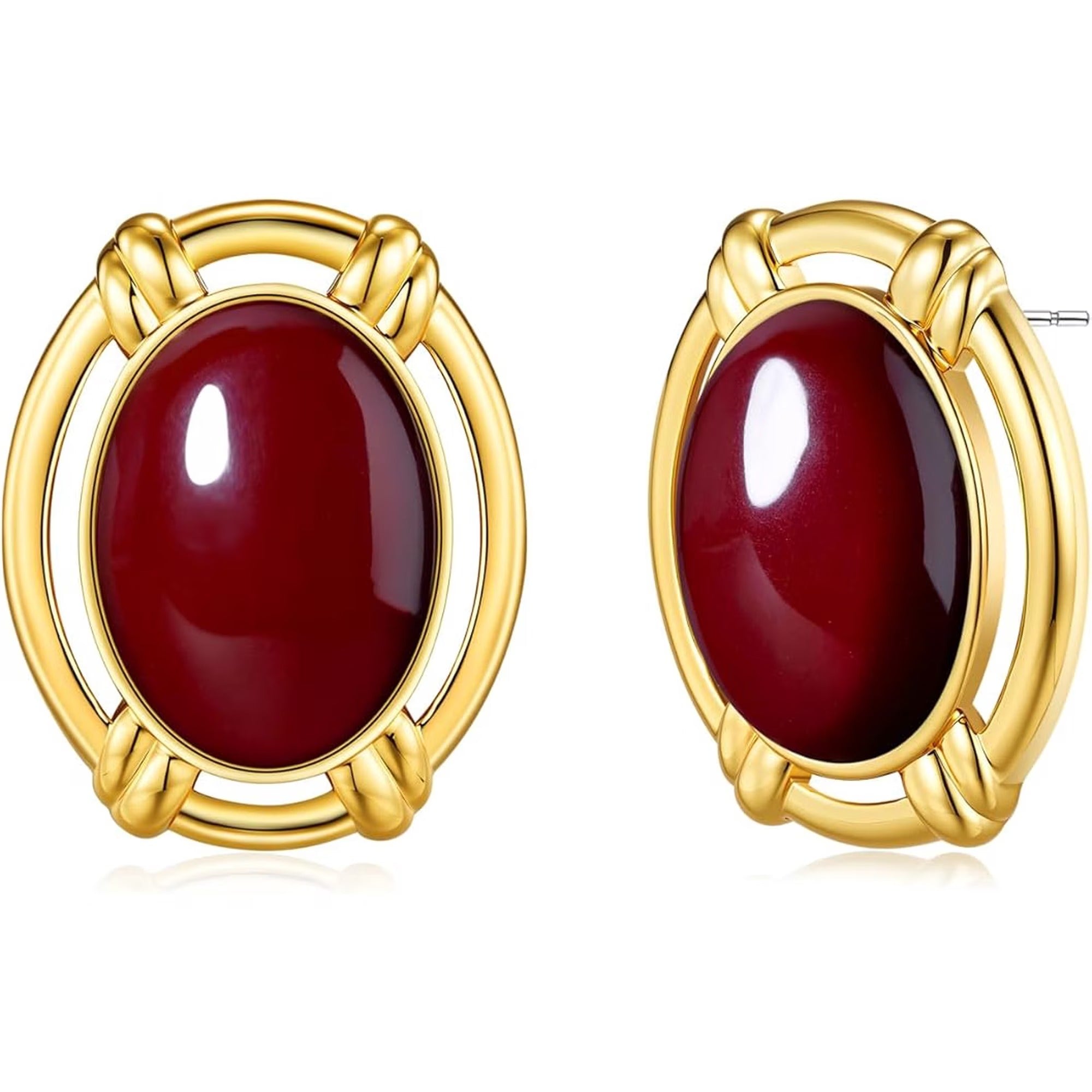 SNGIA Gold Plated Oval Wine Gemstone Stud Earrings Large Statement Button Design