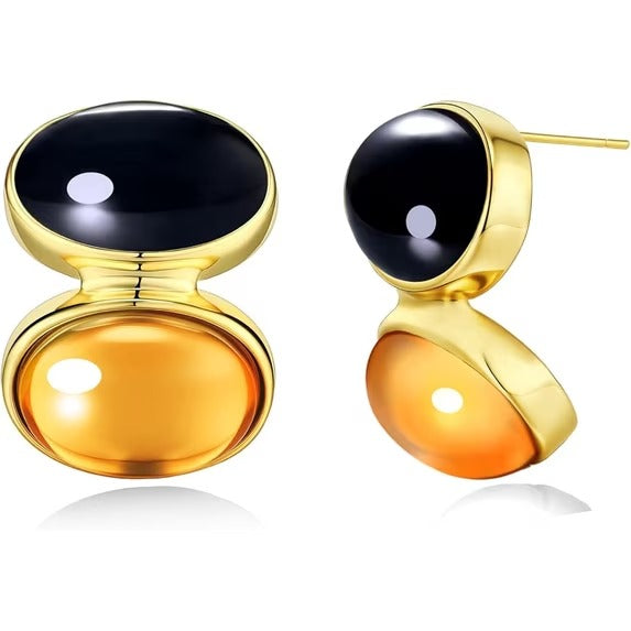 SNGIA Gold Tone Black and Orange Resin Statement Stud Earrings for Women, Round Double Drop Design