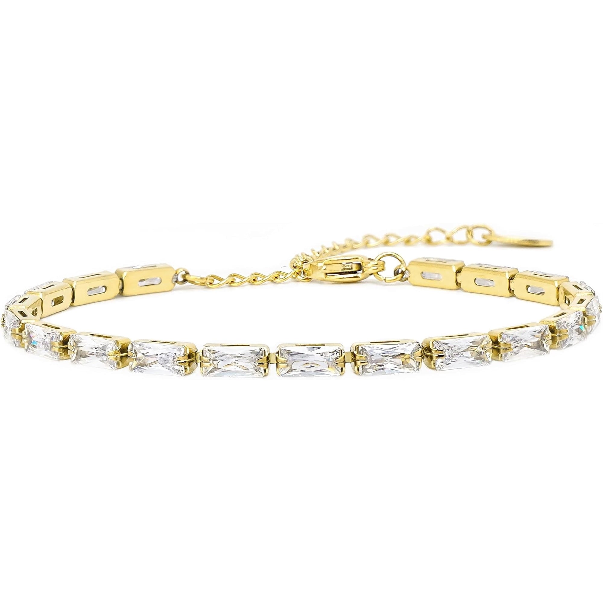 Gold Tone CZ Tennis Bracelet for Women, Rectangular Clear Stone Link Bracelet with Extender
