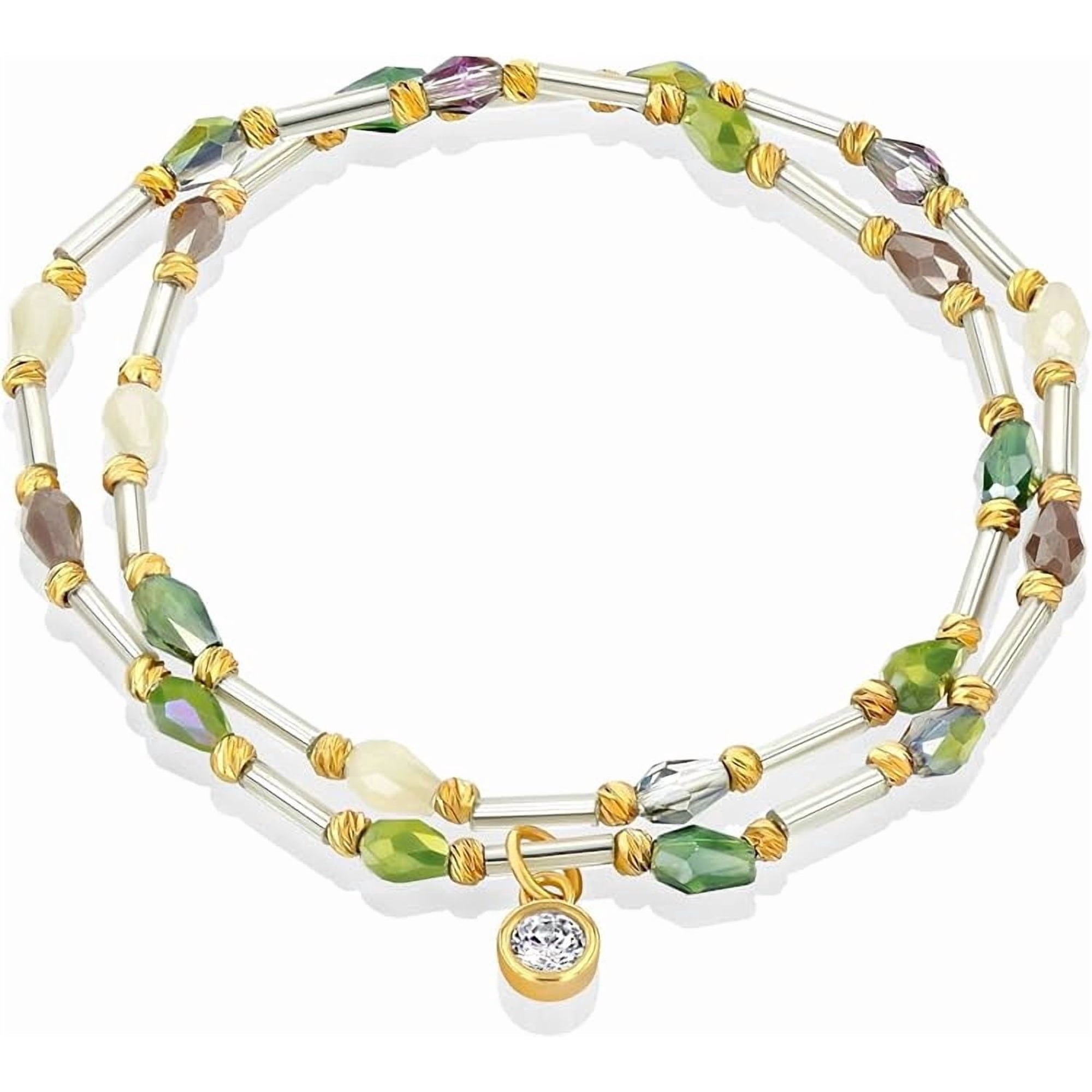 Gold Tone Multicolor Beaded Double Wrap Bracelet with CZ Charm for Women