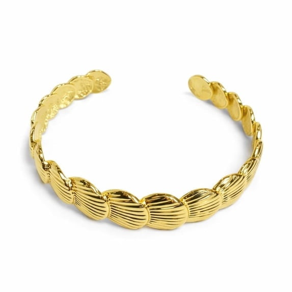Gold Tone Ribbed Open Cuff Bracelet for Women, Textured Shell Link Style Bangle