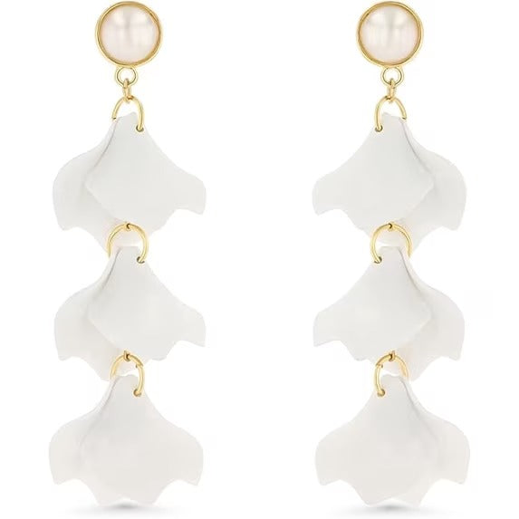 SNGIA White Floral Dangle Earrings for Women, 18K Gold Plated Pearl Accent Statement Drop Earrings