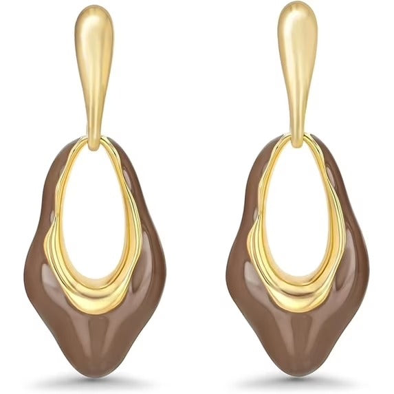 SNGIA Women’s 18K Gold Plated Brown Resin Enamel Irregular Oval Dangle Earrings