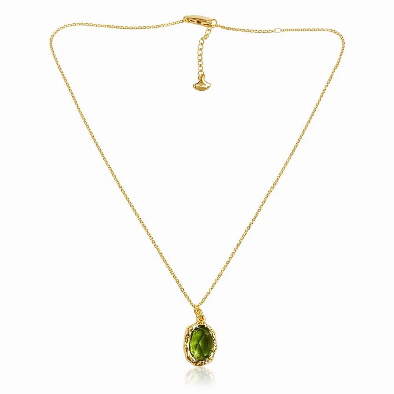 SNGIA Women’s Gold-Tone Necklace with Olive Green Oval Pendant and Adjustable Chain
