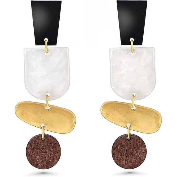 SNGIA Wood Acrylic 18K Gold Plated Statement Dangle Earrings for Women, Boho Drop Style
