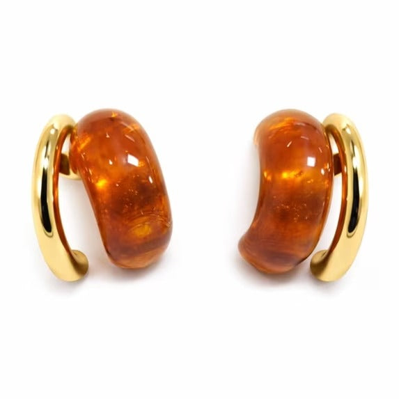 Women’s Gold-Tone Hoop Earrings with White or Amber Resin Accent, Polished Statement Style