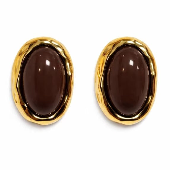 Women’s Gold-Tone Oval Stud Earrings with Chocolate Brown Cabochon Stone