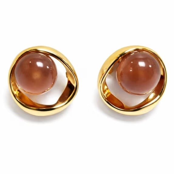 Women’s Gold-Tone Round Stud Earrings with Peach Resin Sphere Accent, Modern Fashion Jewelry