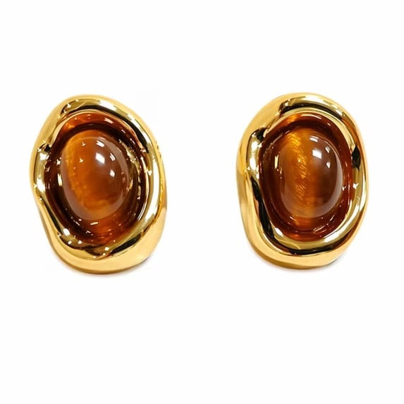 Women’s Oval Amber Stud Earrings in Gold-Tone Metal with Polished Statement Design