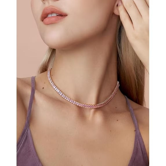 18K Gold Plated Rose Pink Baguette Crystal Tennis Choker Necklace for Women, Adjustable Statement Chain