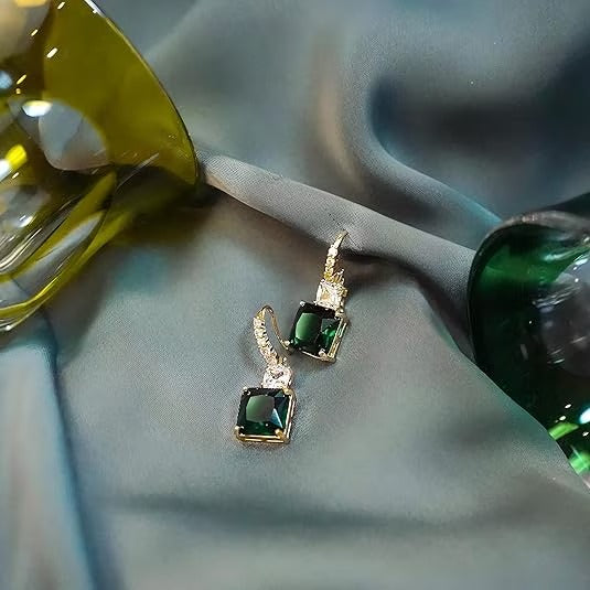 18K Gold Plated Green Statement Dangle Earrings with Square-Cut Stone for Women