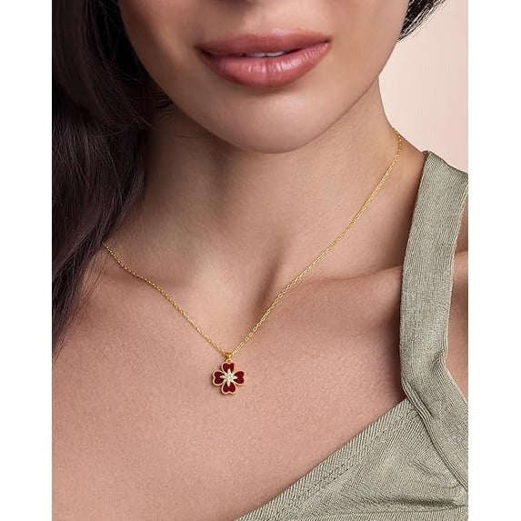 SNGIA 18K Gold Plated Red Floral Pendant Necklace with CZ Accent, Adjustable Bohemian Style
