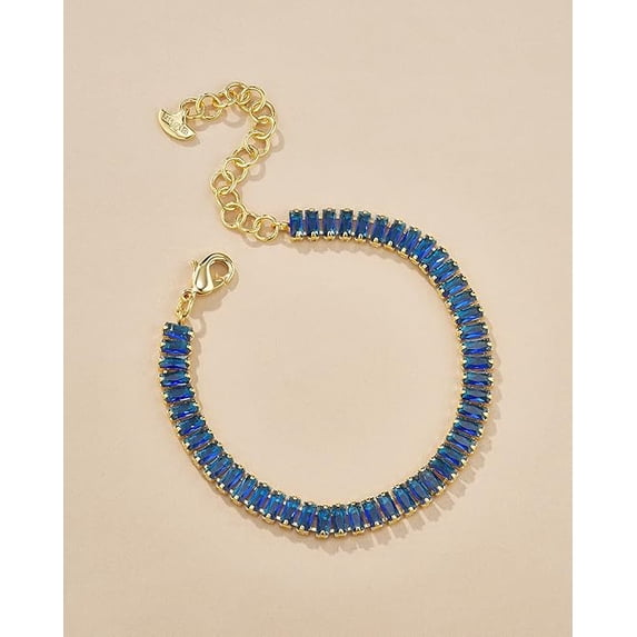 18K Gold Plated Adjustable Tennis Bracelet for Women, Baguette CZ - Sapphire