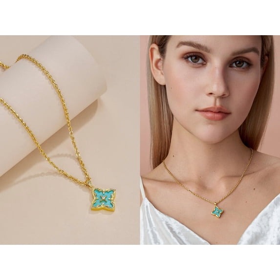 SNGIA 18K Gold Plated Clover Pendant Necklace for Women, Adjustable Chain, Turquoise