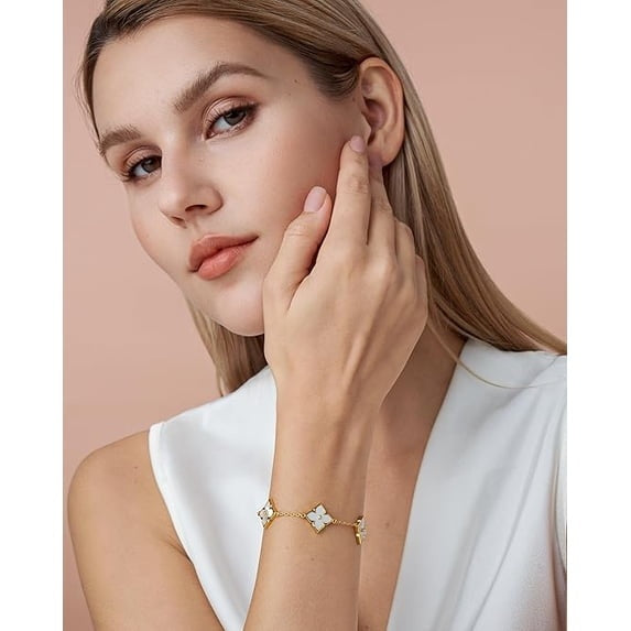 18K Gold Plated Mother of Pearl Clover Bracelet for Women, Adjustable Floral Link Bracelet
