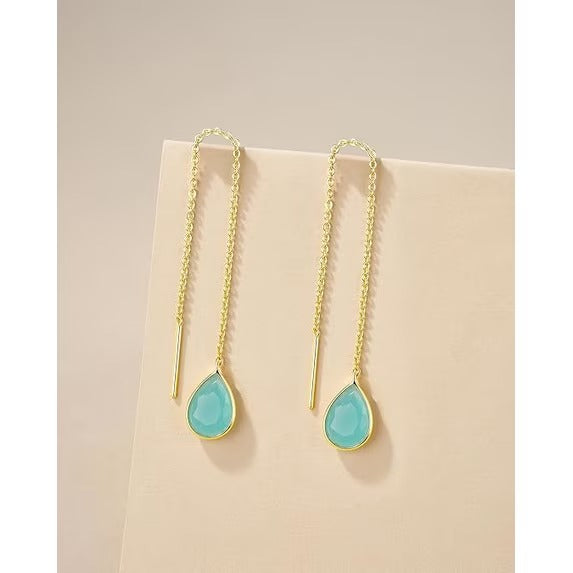 SNGIA 18K Gold Plated Threader Dangle Earrings for Women with Lagoon Teardrop Stone