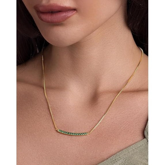 SNGIA 18K Gold Plated Green CZ Curved Bar Pendant Necklace for Women, Adjustable Dainty Chain