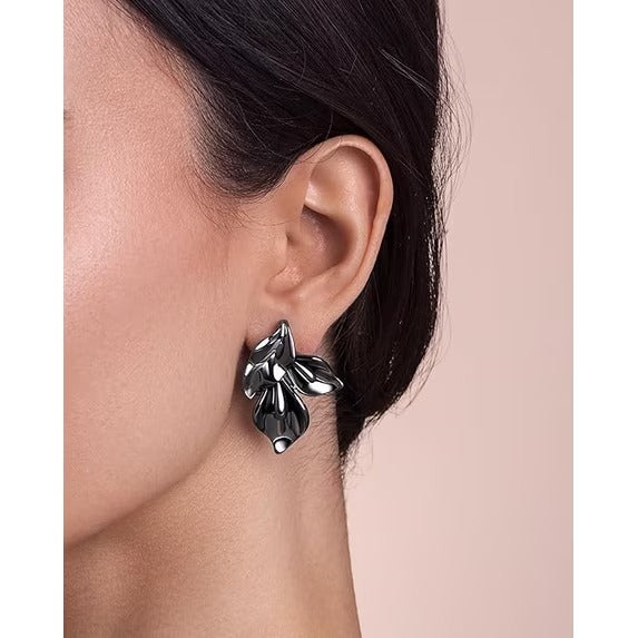 SNGIA 18K Gold Plated Two Tone Floral Dangle Earrings for Women, Grey Obsidian Petal Design